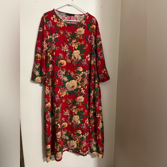 ZANZEA Vintage Floral Long‎ Sleeve Midi Dress with Pockets Women's Size L - Picture 1 of 5